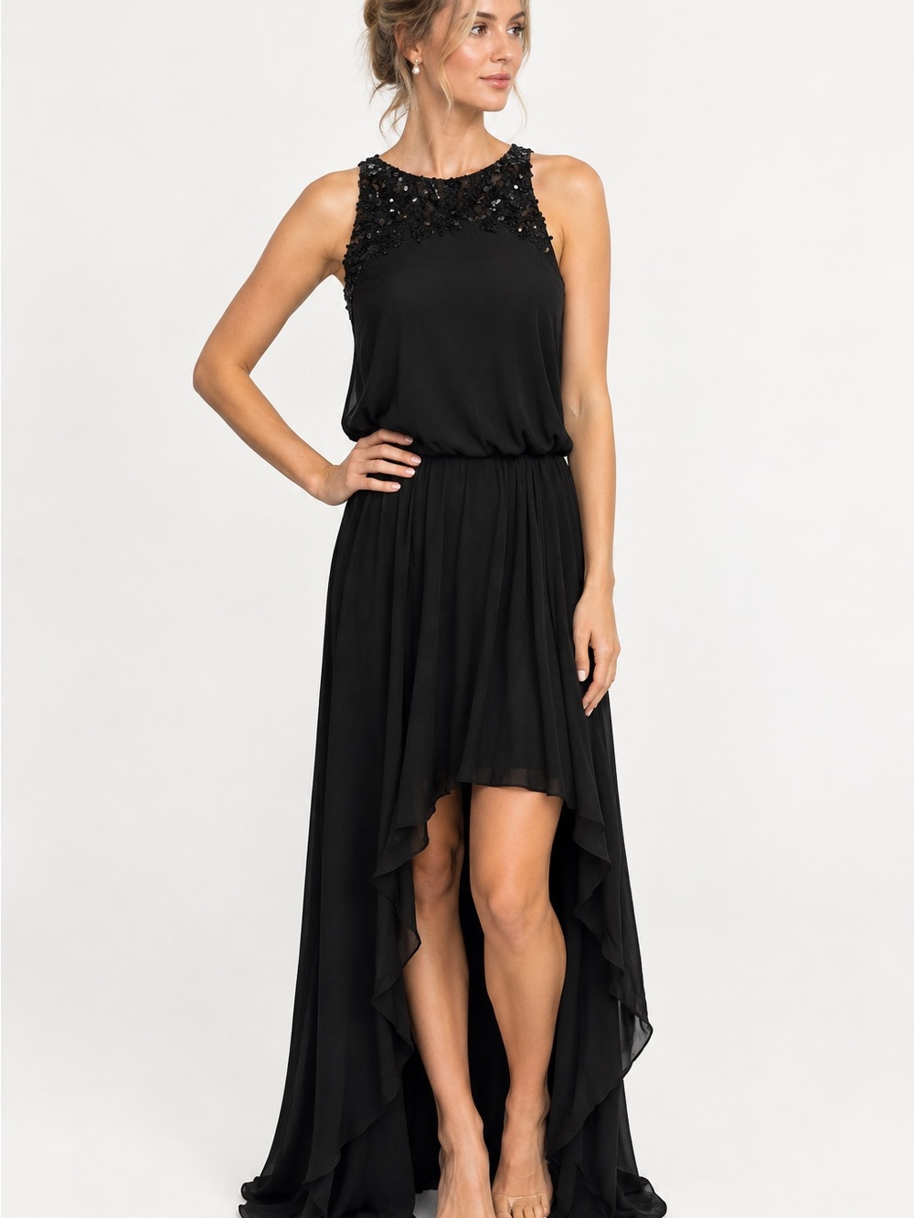 Black High-Low Beaded Halter Dress